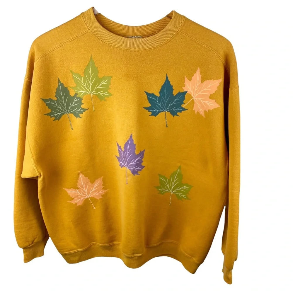 Vintage Fall Leaves Oversized Sweatshirt Mustard Gold Size Medium - Picture 1 of 4